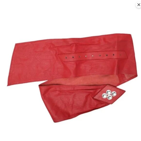 Vintage 80s Wide Red Leather Wrap Belt High Waist Corset Cinch Statement Gems - Picture 4 of 16